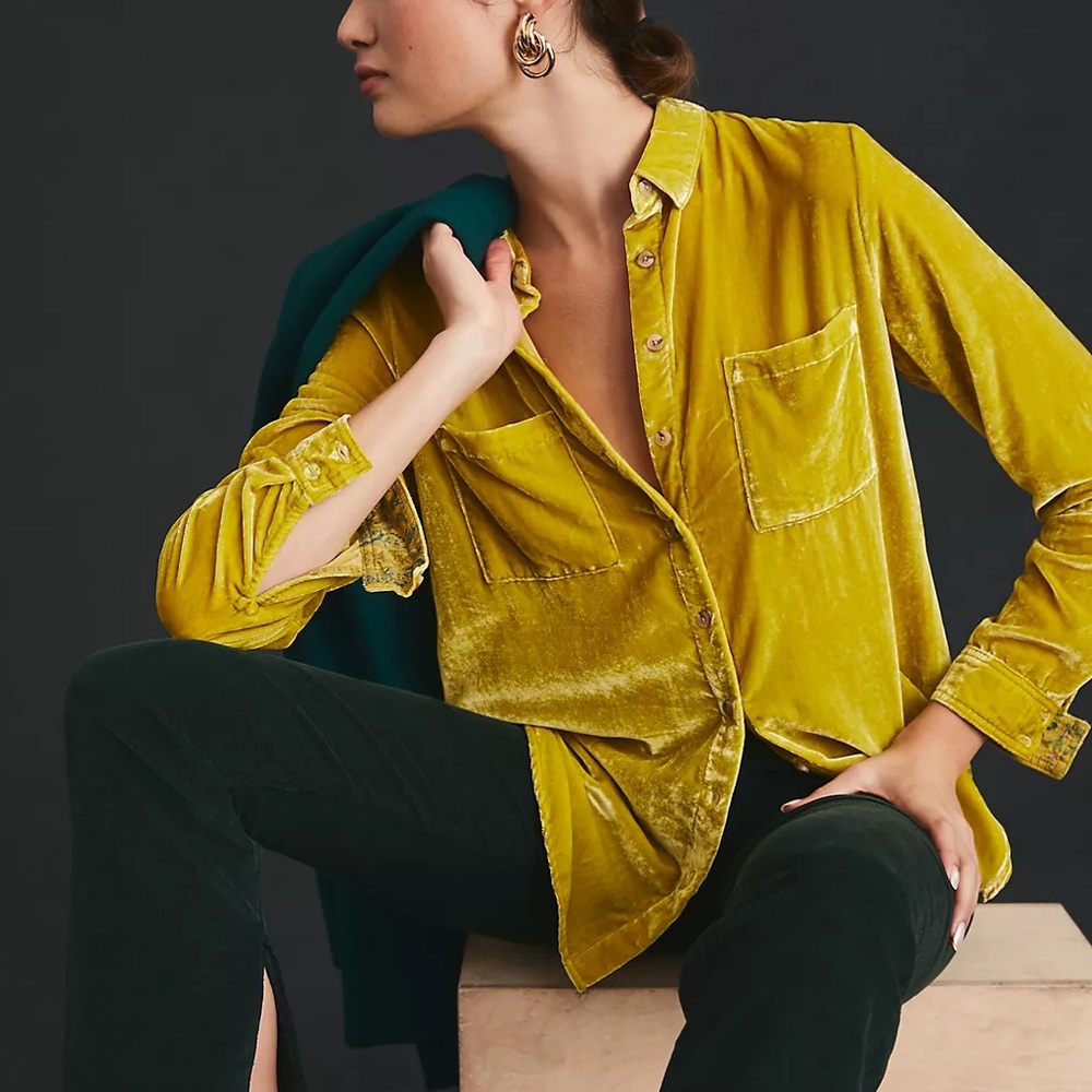 Anthropologie Pilcro Chartreuse Crushed Velvet Button Down Shirt Top Size Small